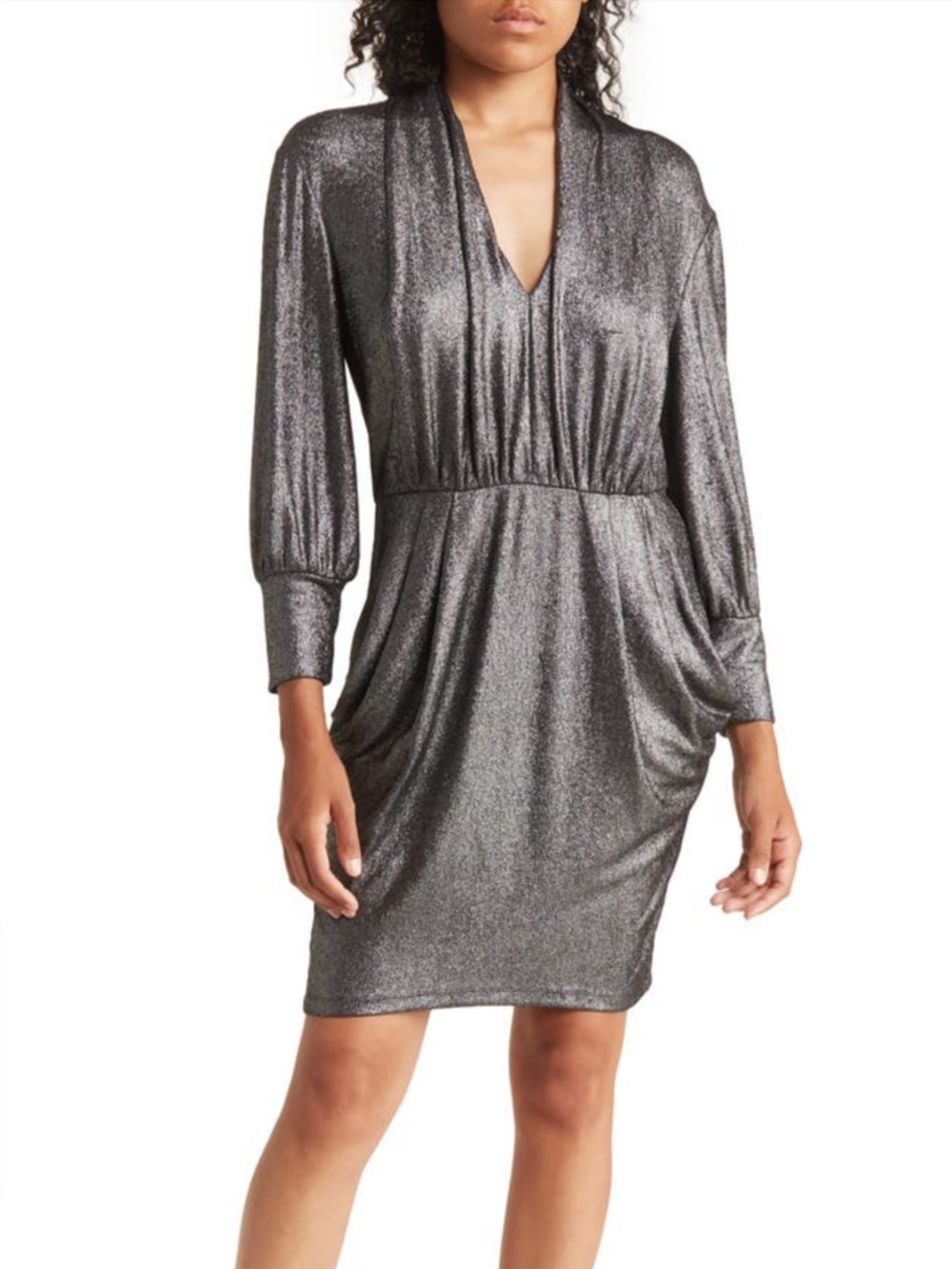 Donna Morgan Metallic Gray V-Neck Mini Dress